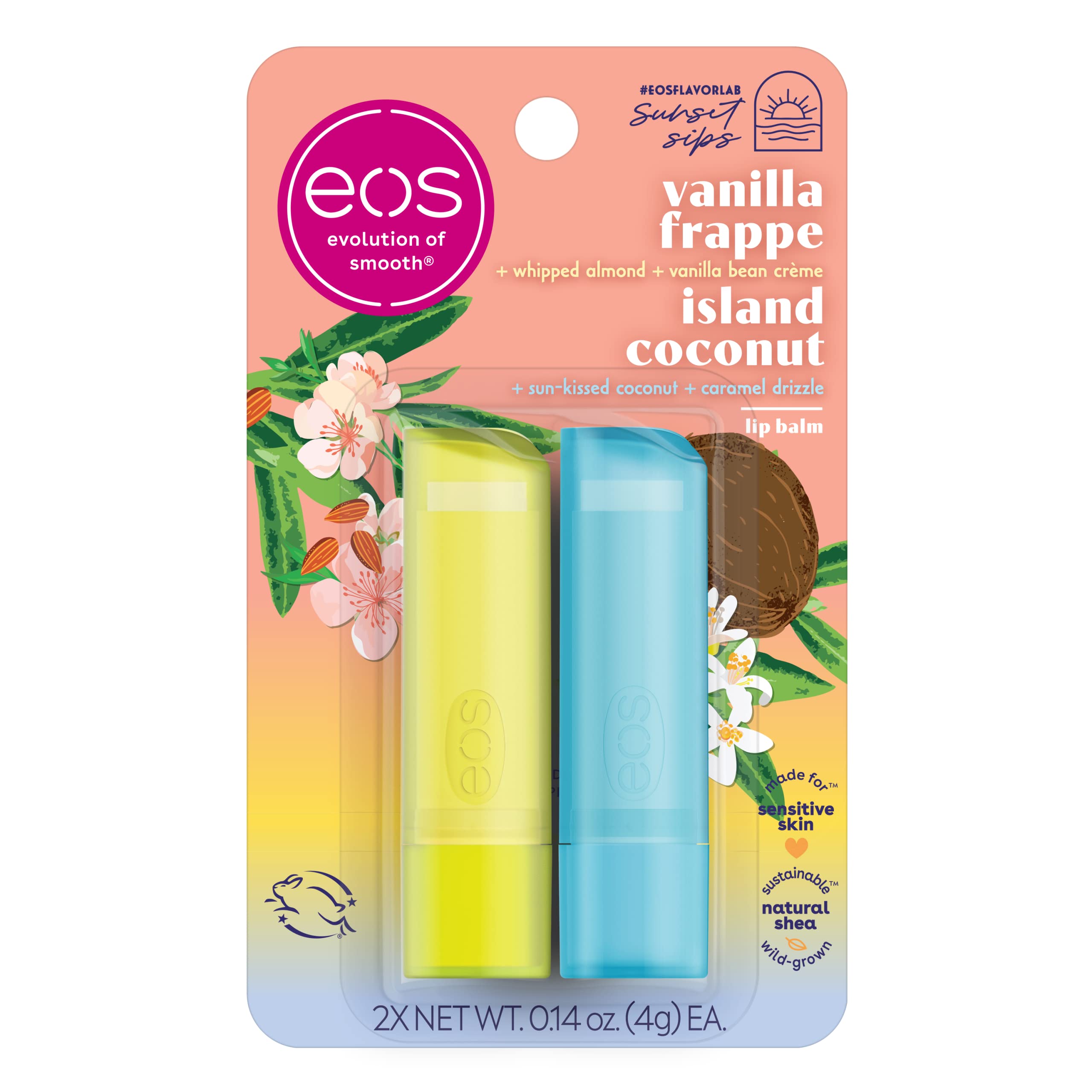 Sunset Sips Island Coconut & Vanilla Frappe Lip Balms - All-Day Moisture, 2-Pack, 0.14 oz