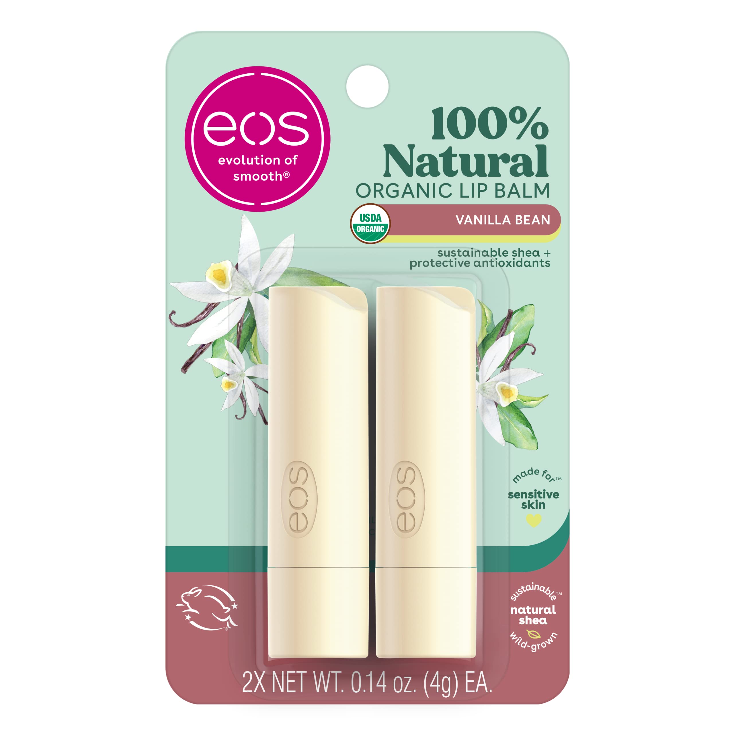 Eos 100% Natural & Organic Lip Balm Sticks - Vanilla Bean, All Natural Vanilla Lip Balm, Dermatologist Recommended, All-