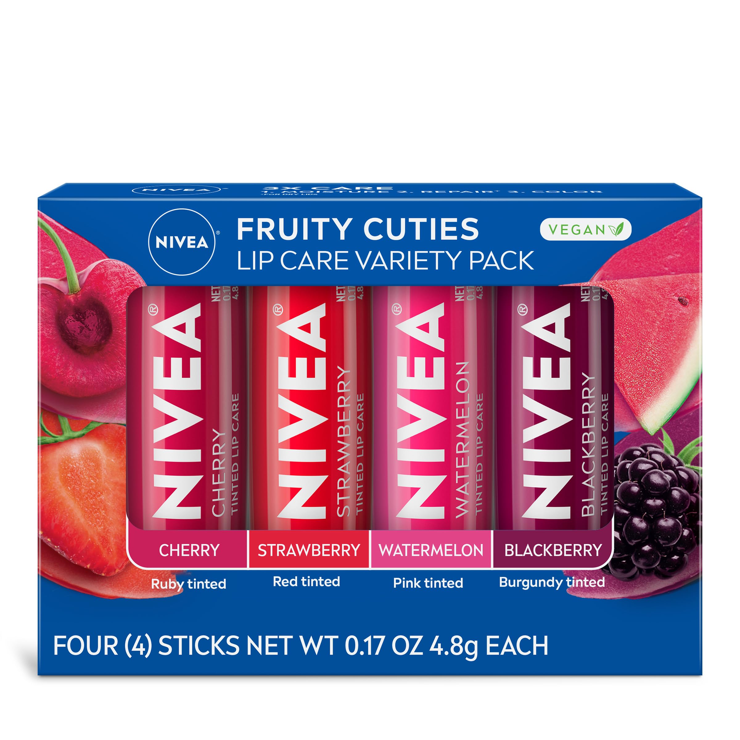 NIVEA Lip Care Fruity Tinted Lip Balm Variety Pack for Dry Lips
| 3-in-1 Moisture Repair and Color Cherry Strawberry Bl