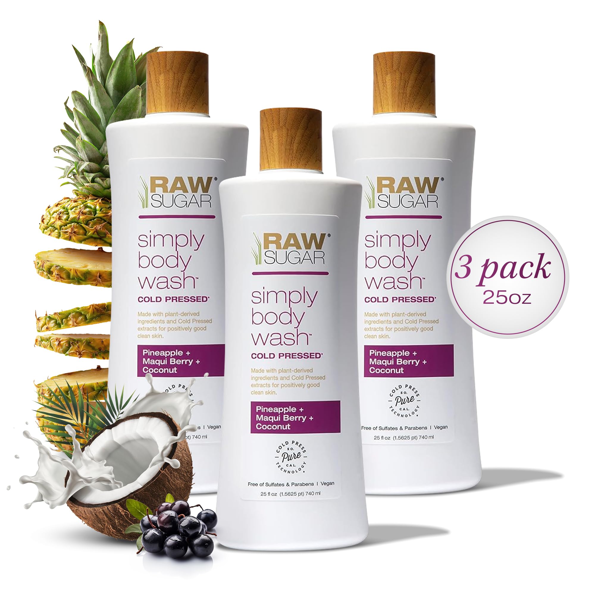 Simply Body Wash Pineapple Maqui Berry Coconut Moisturizing & Brightening Sulfate-Free Paraben-Free Vegan Pack of 3