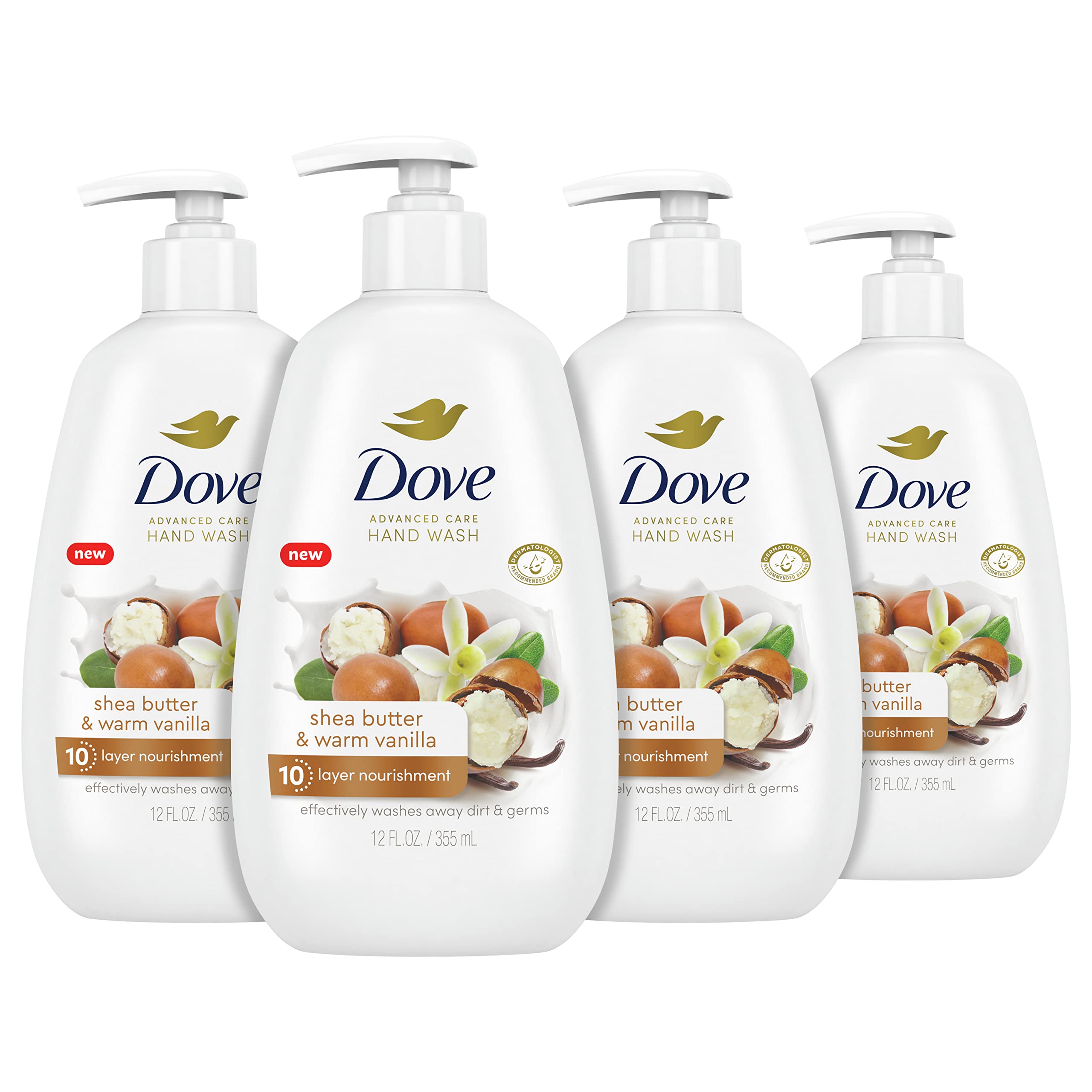 Dove Advanced Care Hand Wash Shea Butter & Warm Vanilla 4 Count for Soft, Smooth Skin - More Moisturizers than Leading O