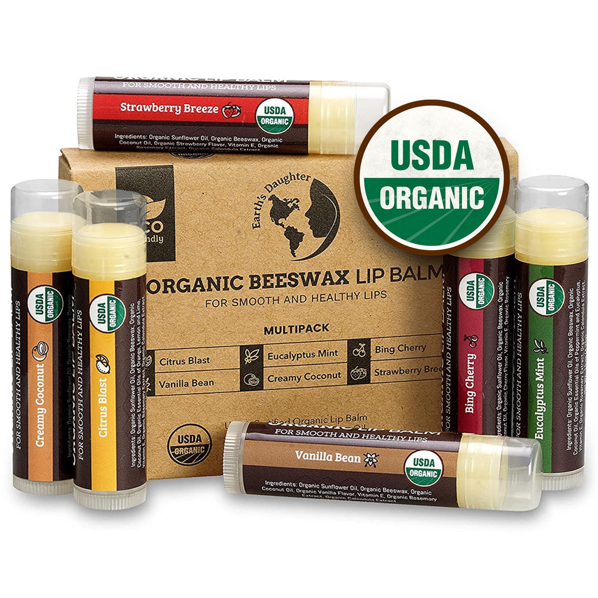 Earth's Daughter USDA Organic Lip Balm 6-Pack - Best Lip Repair for Dry Cracked Lips - Moisturizing Fruit Flavors Beeswa